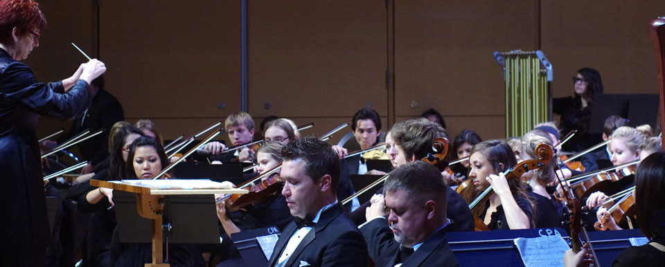 An orchestra performs onstage.