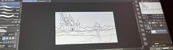 A laptop screen displays a Photoshop workspace with animation sketch of a castle and a dragon.
