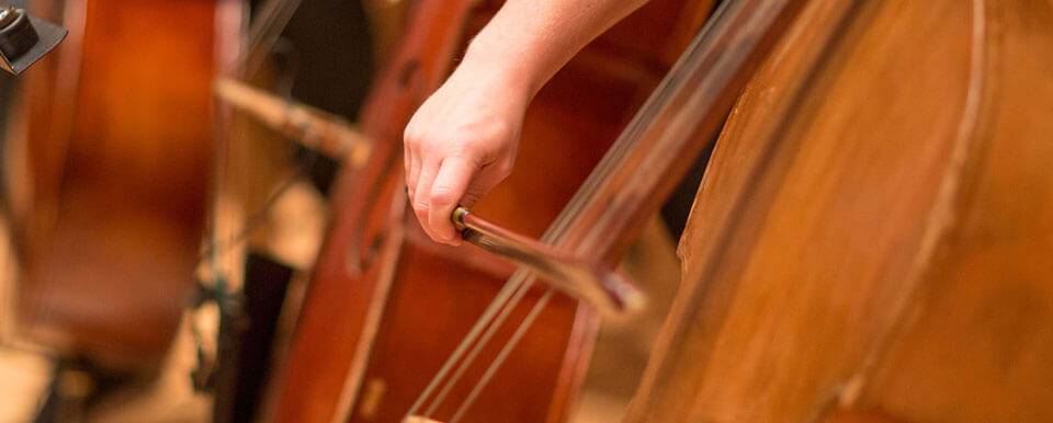 Cellists drag their bows across the strings of their cellos.