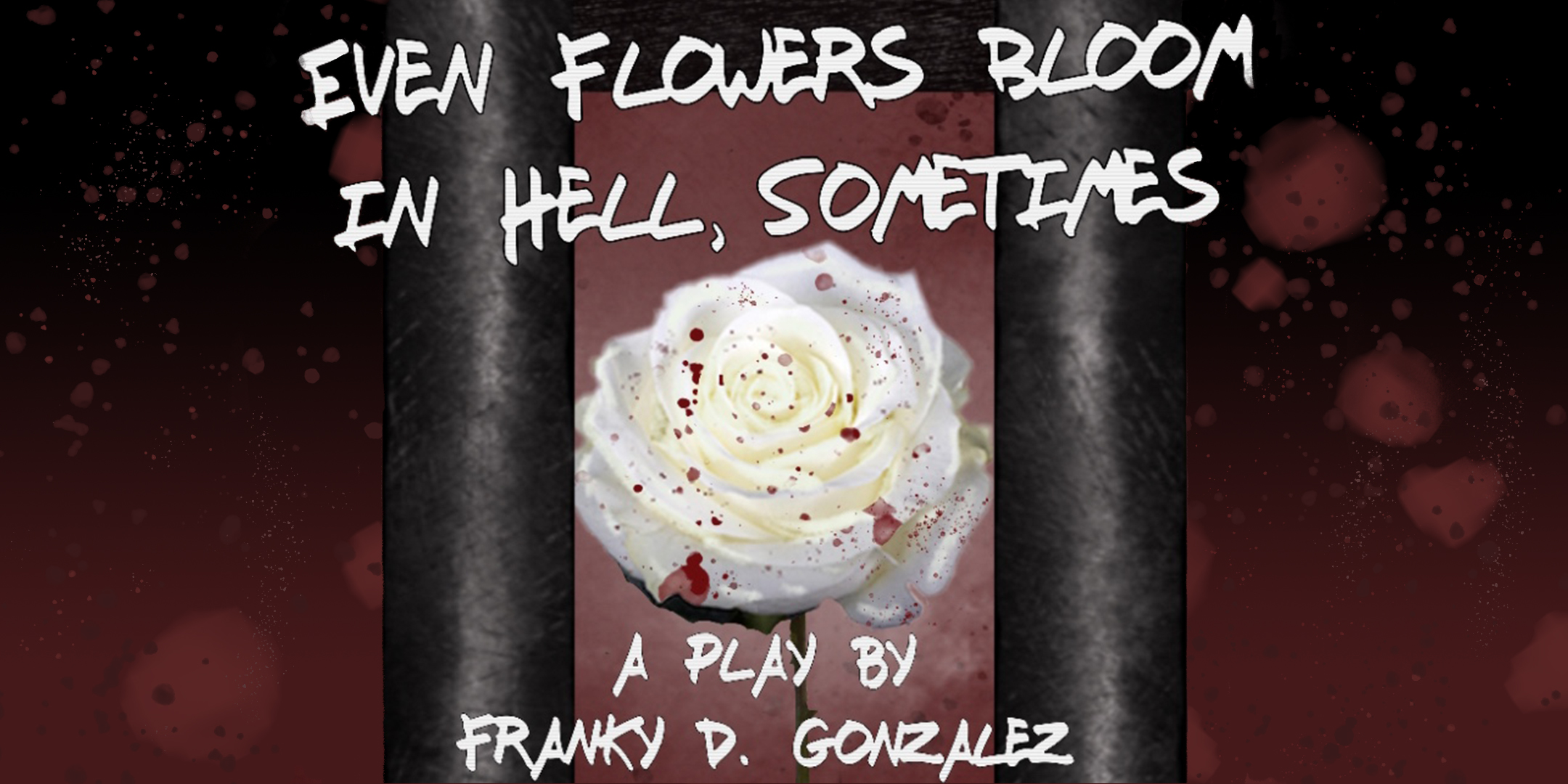 Even Flowers Bloom in Hell, sometimes. A play by Franky D. Gonzalez poster. A white rose with drops of red blood behind jail bars.