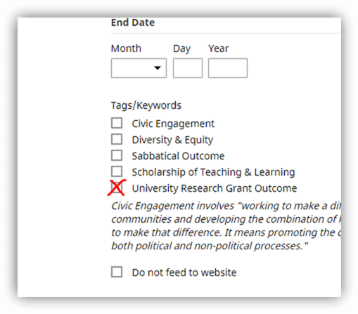 Screen shot of Watermark Faculty Success activity screen showing where to select University Research Grant Outcome checkbox