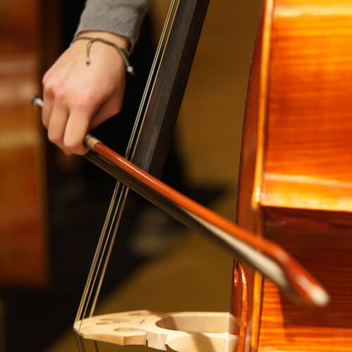 Student plays the double bass in an ensemble.