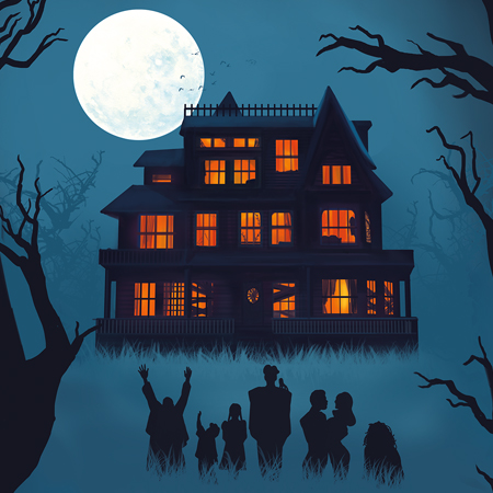 Illustration of a haunted house on a blue background with a full moon in the background and dead trees in the foreground. The shadowed Addams family stands in front of the house.