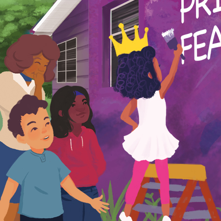 Illustration of a student wearing a crown writing on a chalkboard while other students and their teacher watch