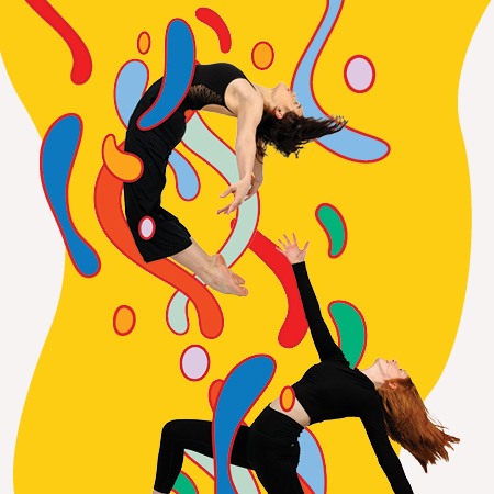 Two dancers on an illustrated background