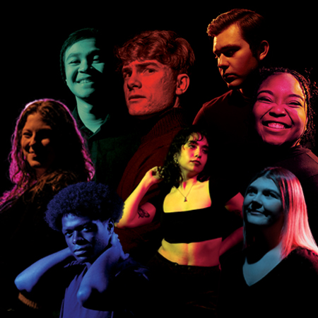 Illustration of the profile of people on a black background. Individuals are highlighted in a rainbow of colors.