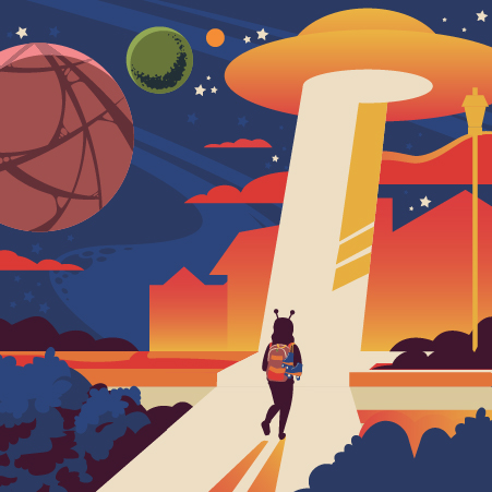 Illustration of an "alien" teenager wearing a backpack and walking while a spaceship hovers overhead and distant planets are in the sky