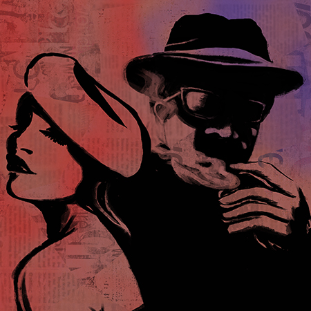 sketch of man and woman over a collage of newspapers