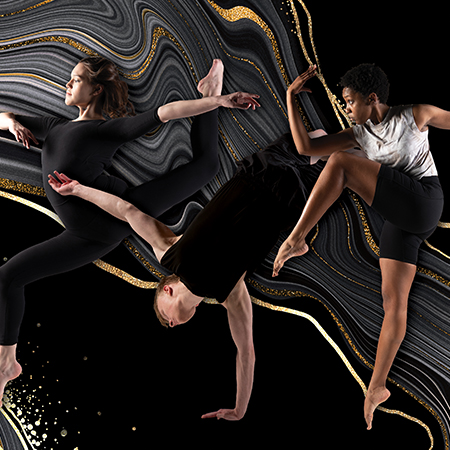three dancers on a black and gold background