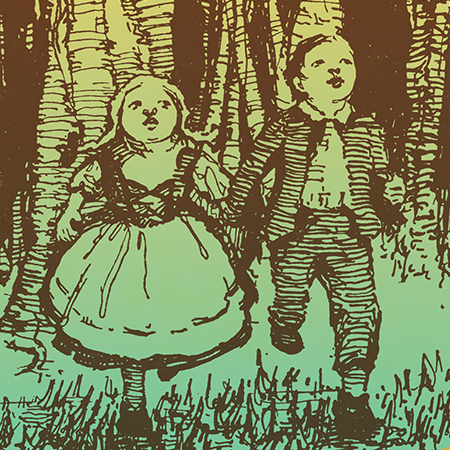 green and brown drawing of two small children