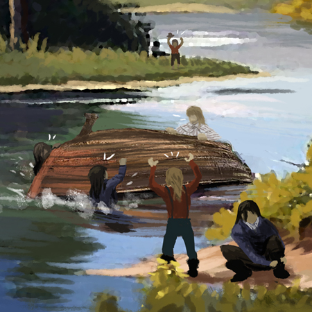 graphic of men in river with upturned boat