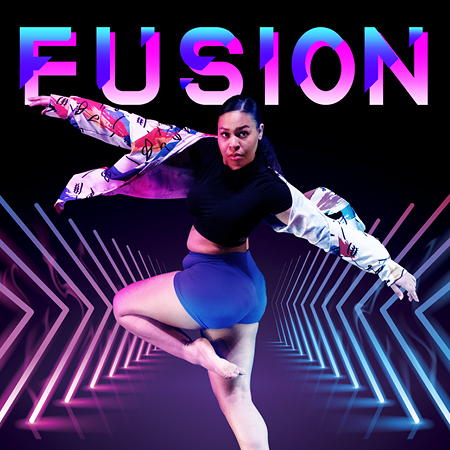 Image of a dancer amongst neon lights. The word Fusion is above the dancer.