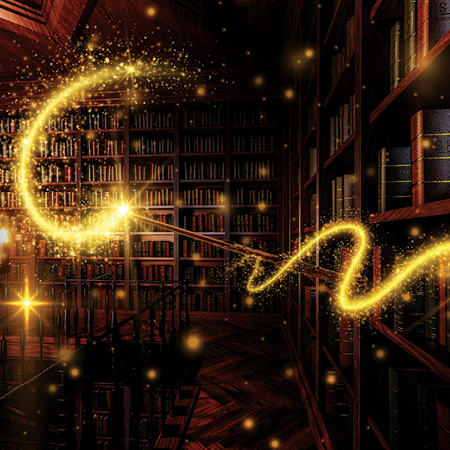 Illustration of a bookshelf in the background and a wizards wand in the foreground