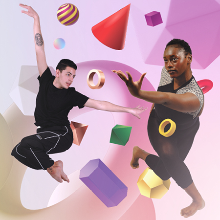 dancers in positions in front of a colorful background