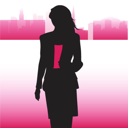 silhouette of female holding letter with city skyline behind her