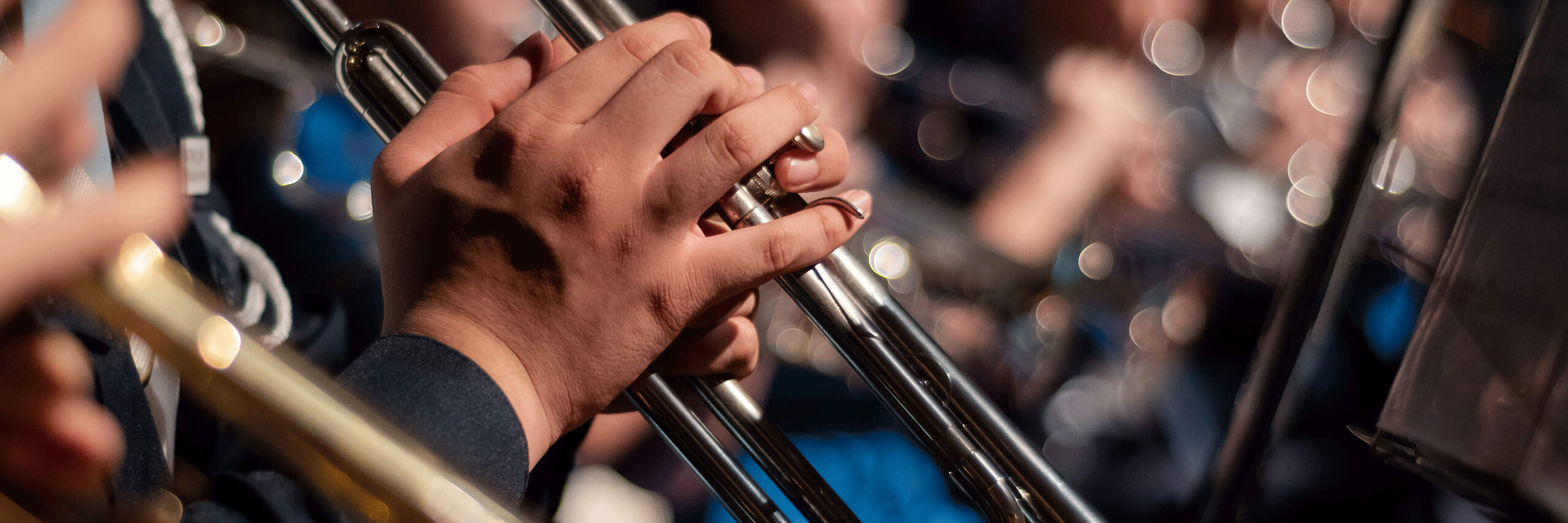 horn player's hands holding their instrument during a performance