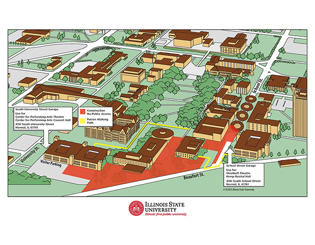 Map of the Woonsook Kim College of Fine Arts buildings on campus during constructionmpus.