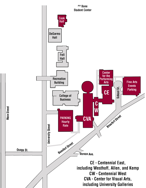 Map of the Woonsook Kim College of Fine Arts buildings on campus.